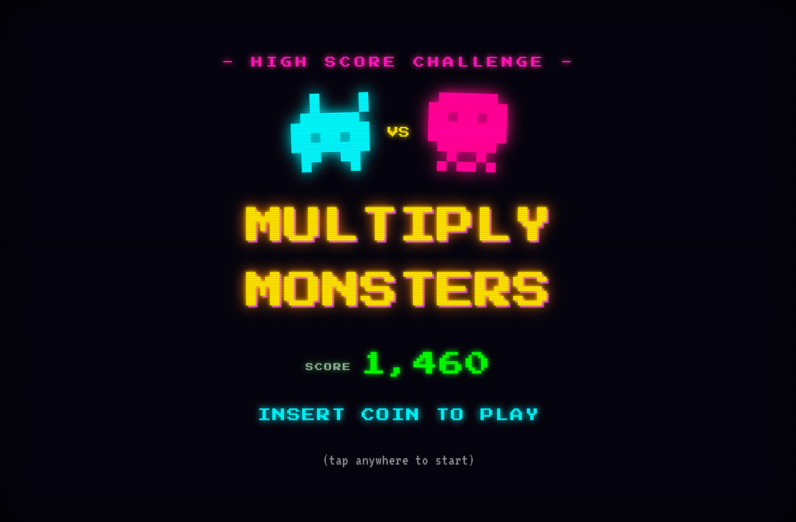 Multiply Monsters arcade-style title screen — “insert coin to play”