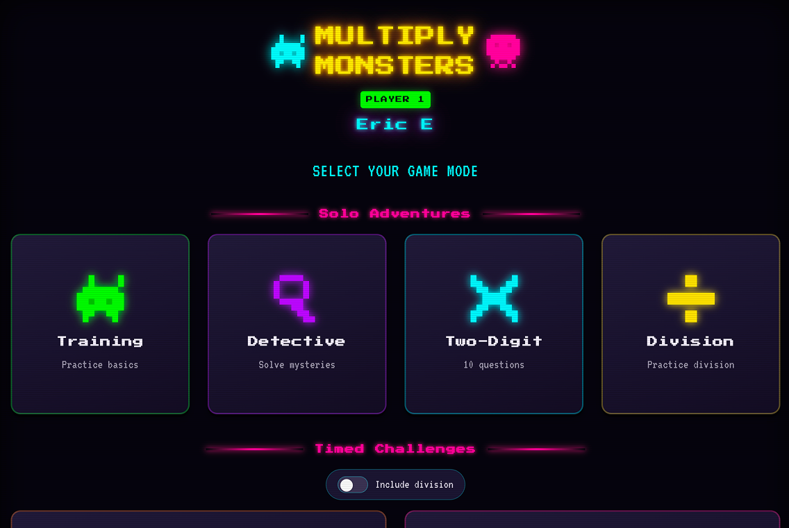 Adventure select — solo training, timed challenges, and classroom modes
