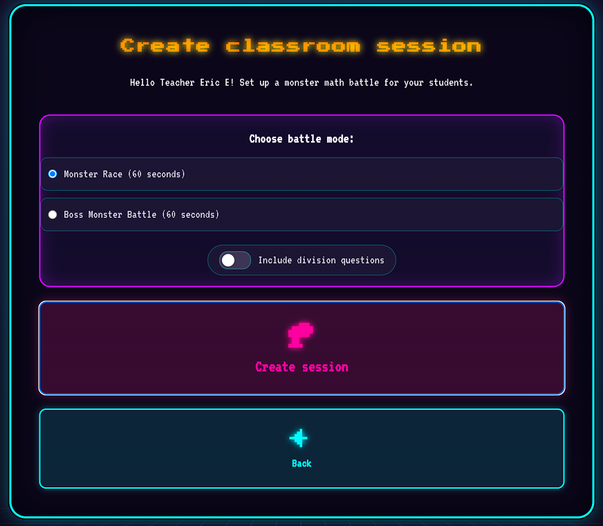Classroom battle mode — teachers create a session, students join with a code