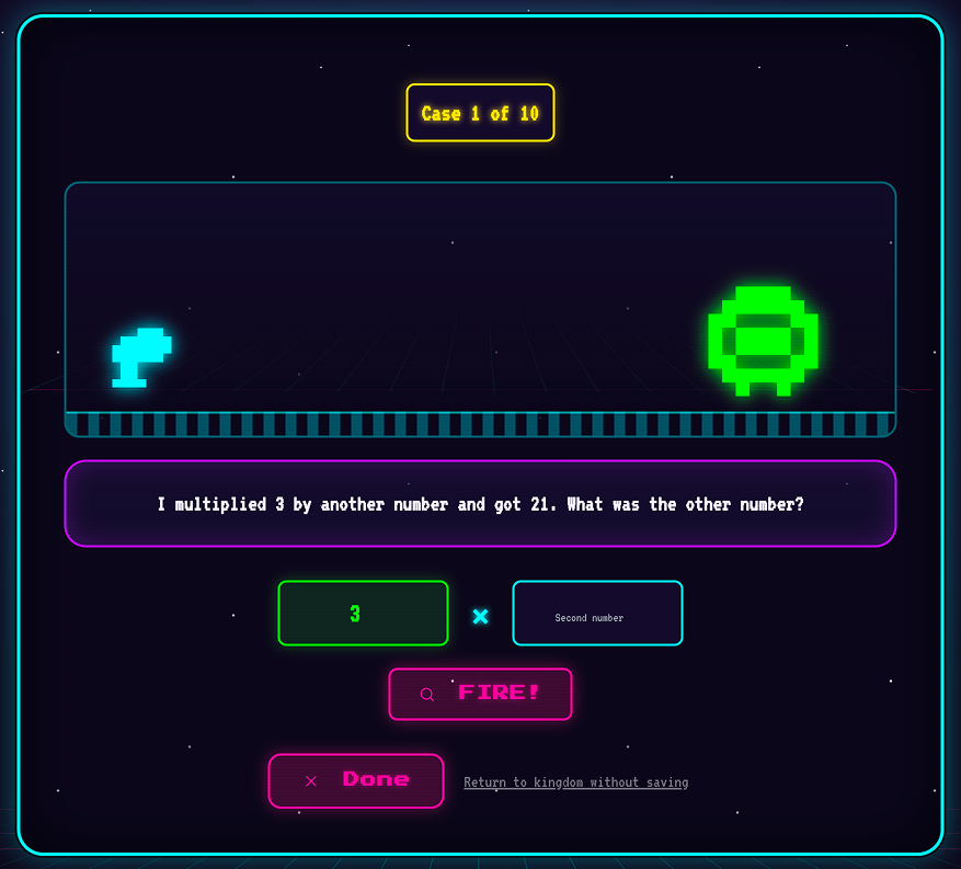 Detective mode gameplay — solving a multiplication mystery to fire on the monster