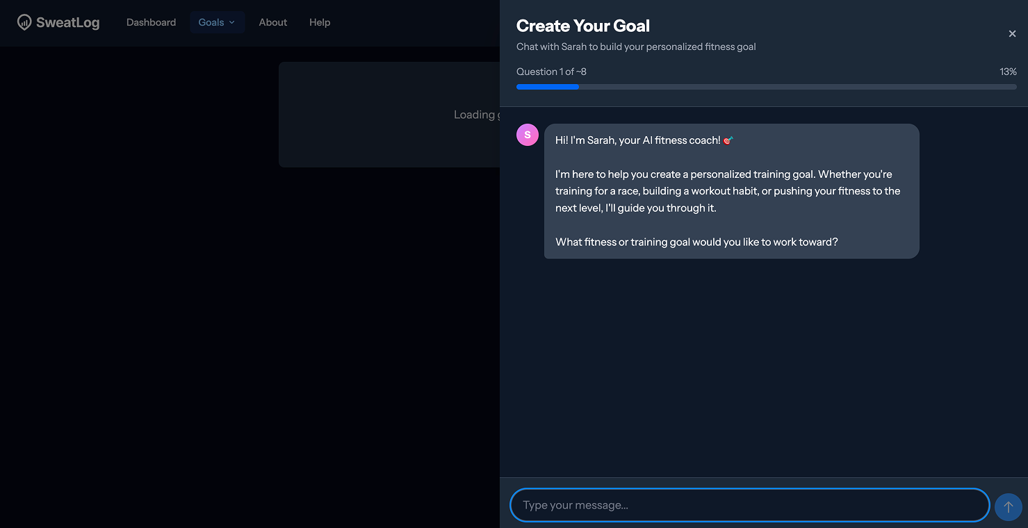 Sweatlog goal builder — a chat with an AI coach to set a personalized training goal