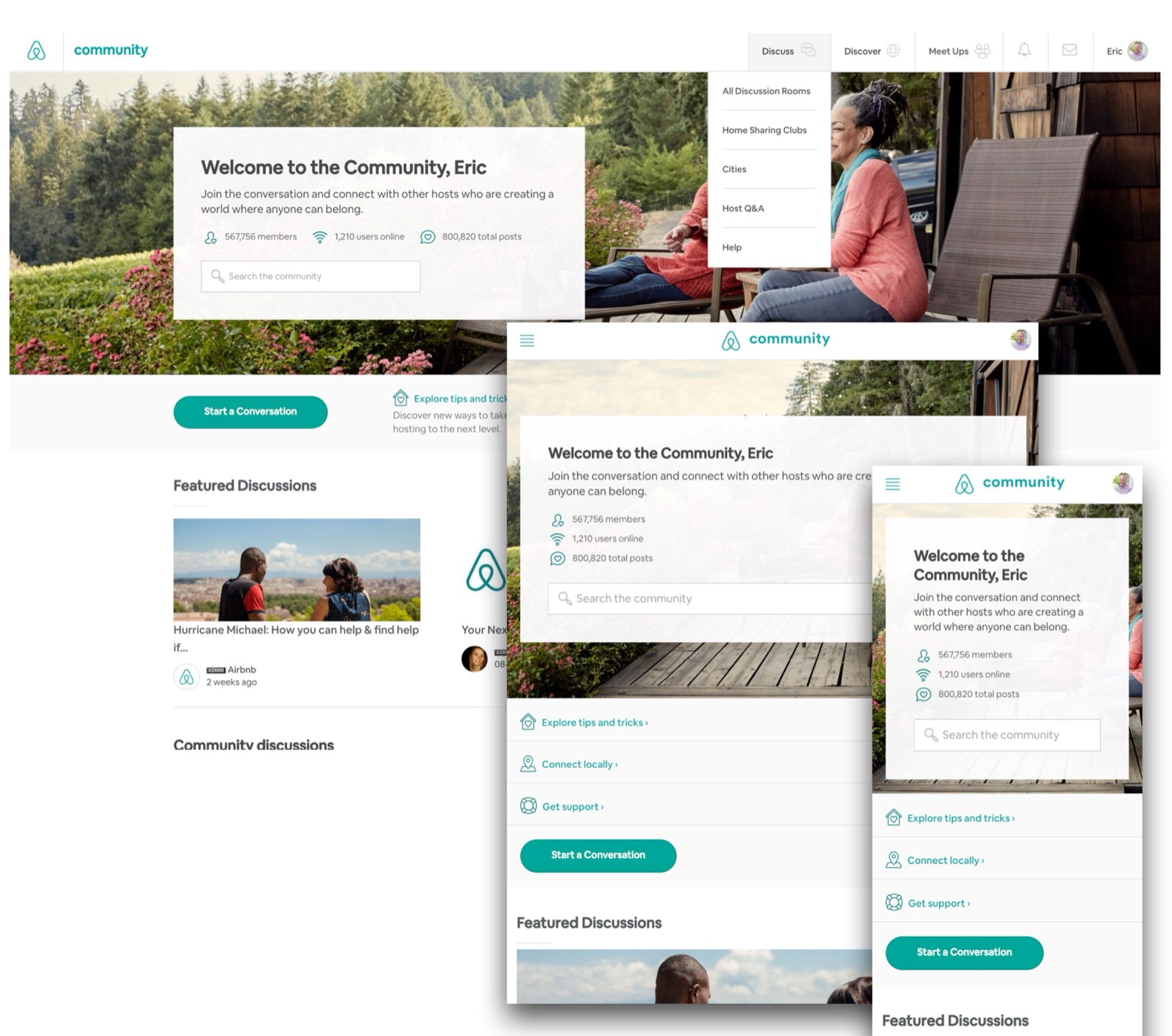 The Airbnb host community shown across desktop, tablet, and phone