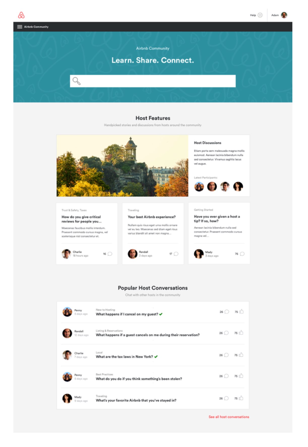 Prototype: the community home — Learn. Share. Connect.