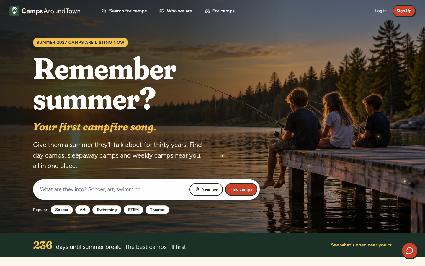 Camps Around Town home page — “Remember summer?” over a lakeside dock, with a search bar and popular activity chips