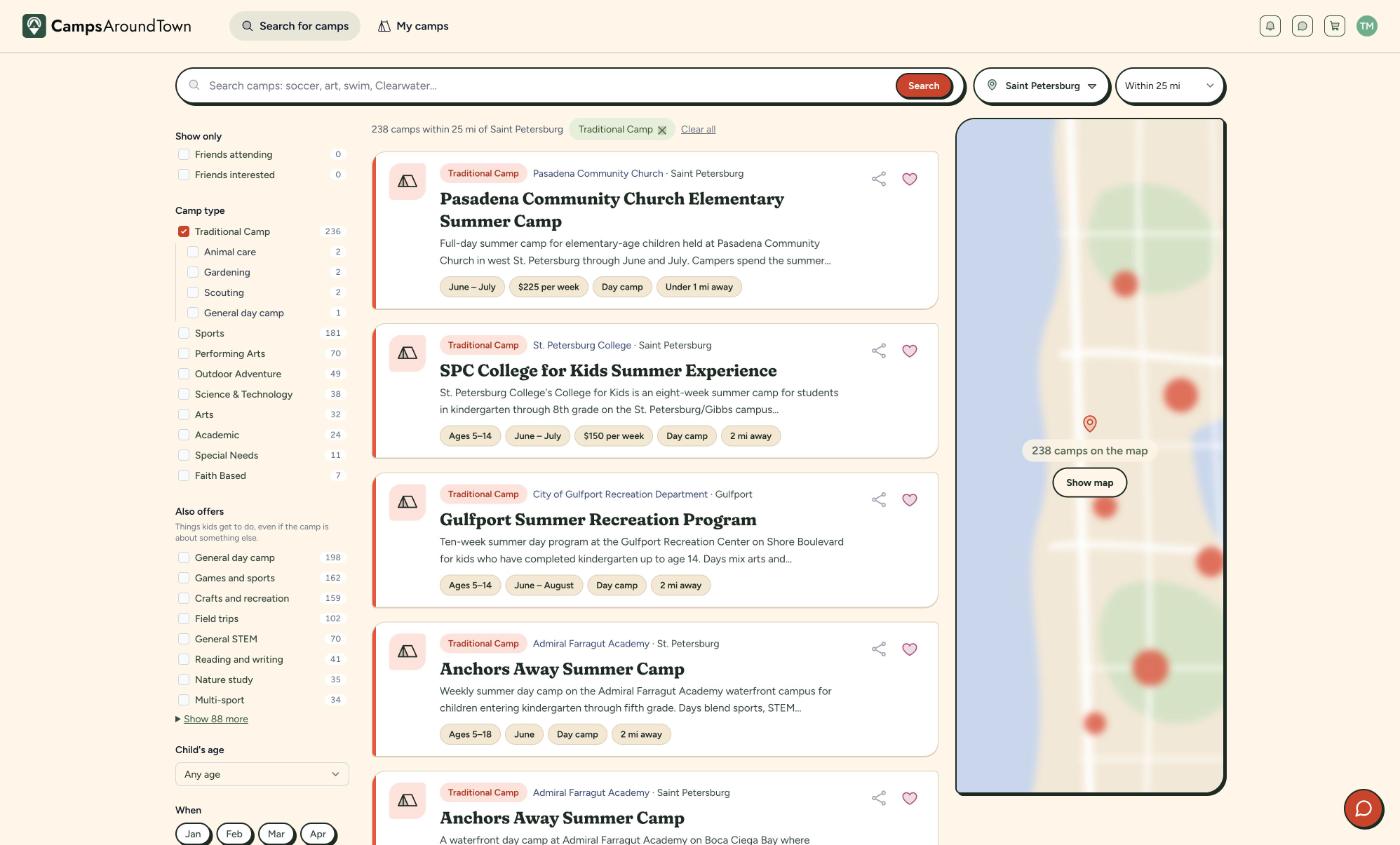 Camp search with filters, result cards, and a map