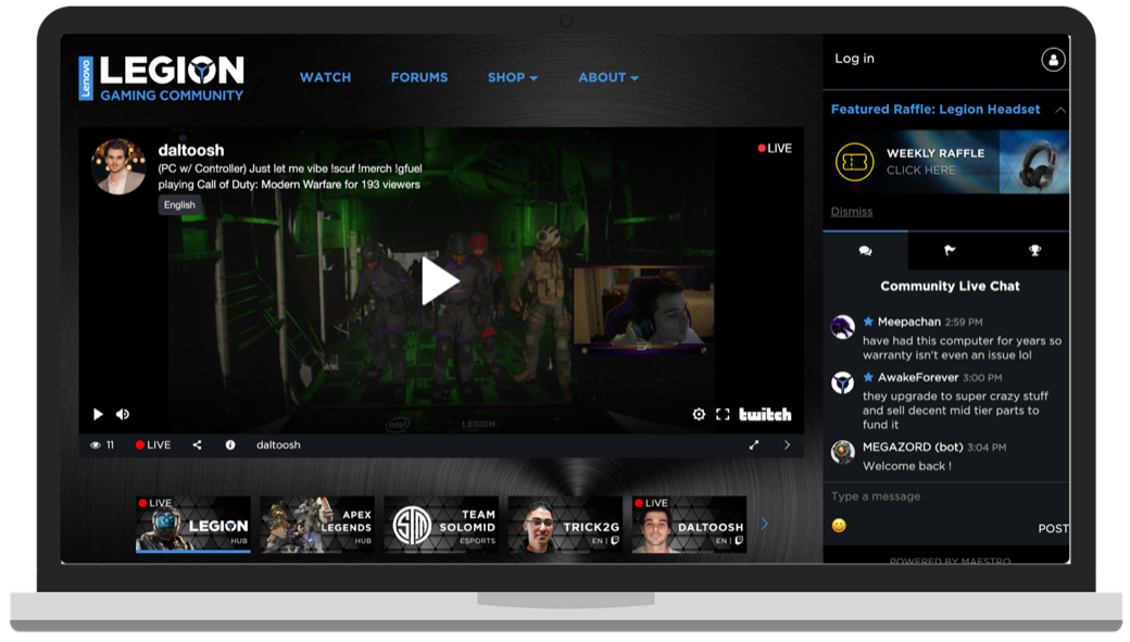 The Legion Gaming Community platform with a live stream and community chat